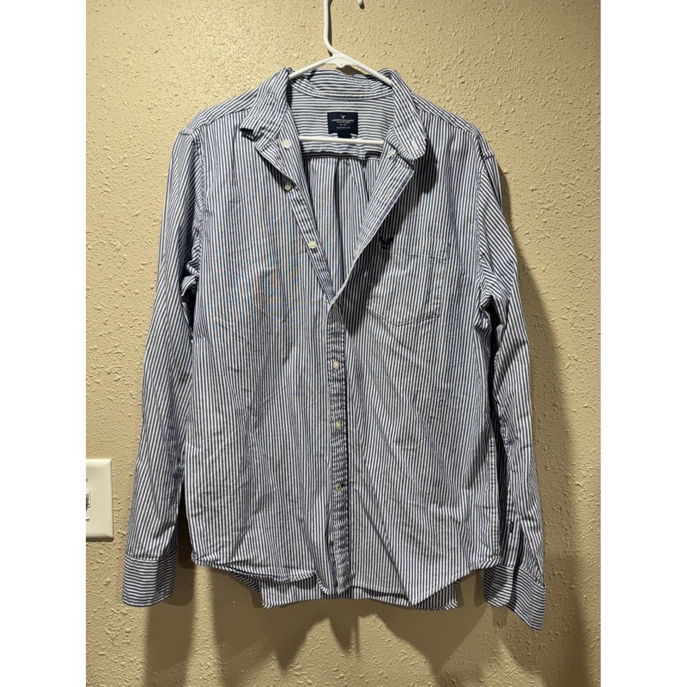 American Eagle Outfitters Mens Blue White Striped Button Down Shirt Classic Fit